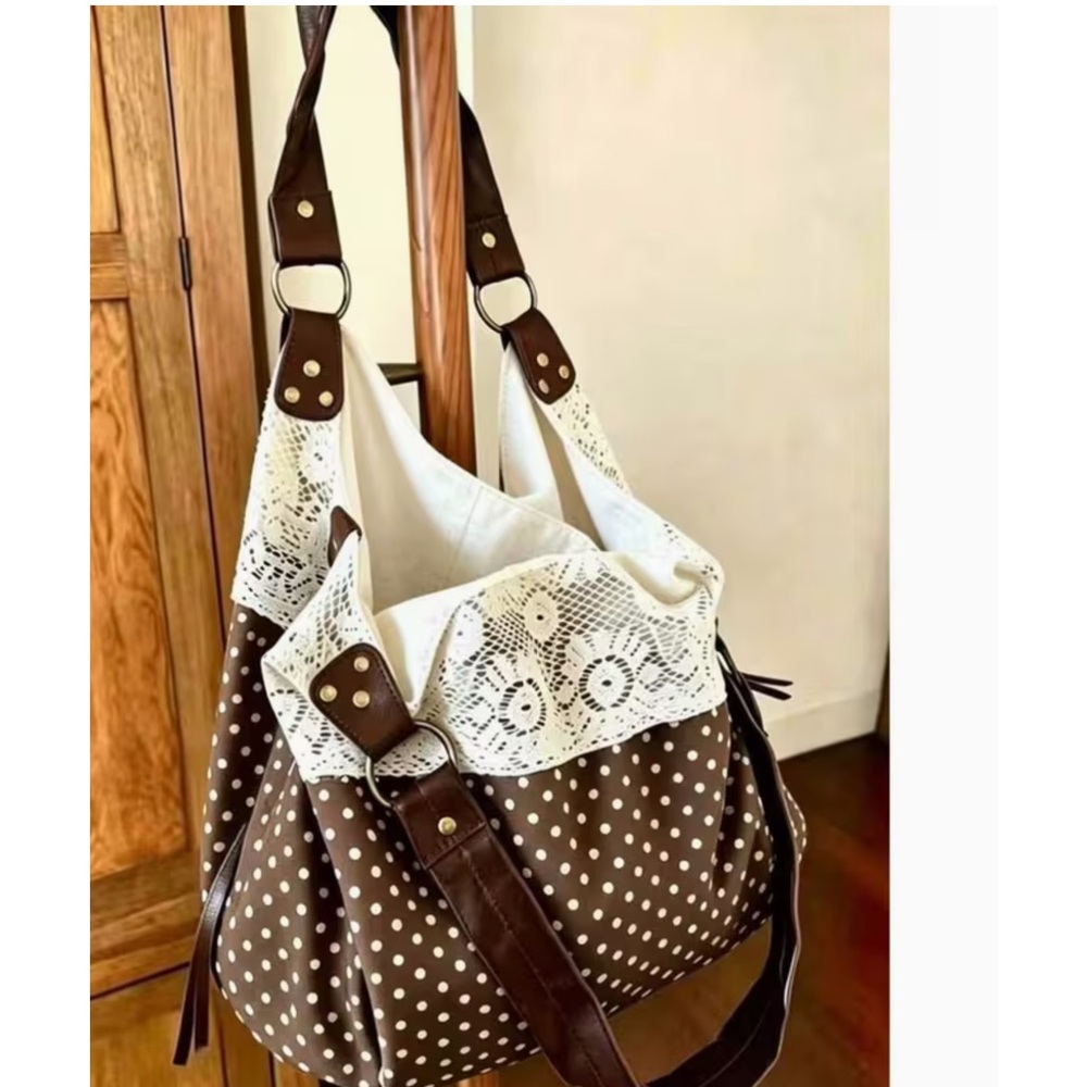 Soon NEW! Boho Brown Polka Dot Lace-Trim Shoulder Bag